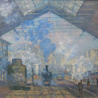 Gare Saint Lazare by Claude Monet, with a locomotive and travelers beneath the station roof amid blue-gray steam.