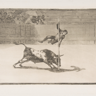 The agility and audacity of Juanito Apiñani by Francisco de Goya, a pole-vaulter leaping over a charging bull