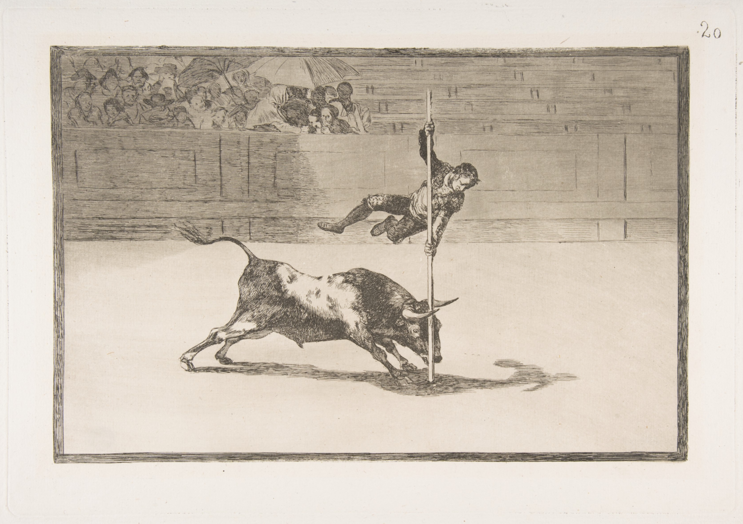 The agility and audacity of Juanito Apiñani by Francisco de Goya, a pole-vaulter leaping over a charging bull
