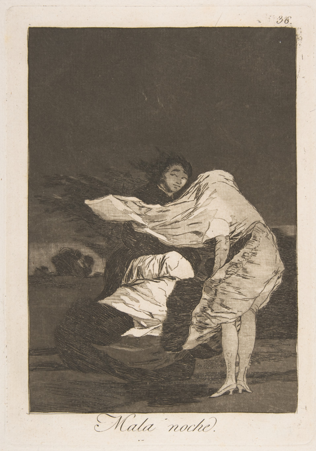 Mala noche by Francisco de Goya, figures struggling through a windy night