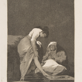 It Is Nicely Stretched by Francisco de Goya, a young woman adjusting her stocking with one foot raised beside an older seated figure