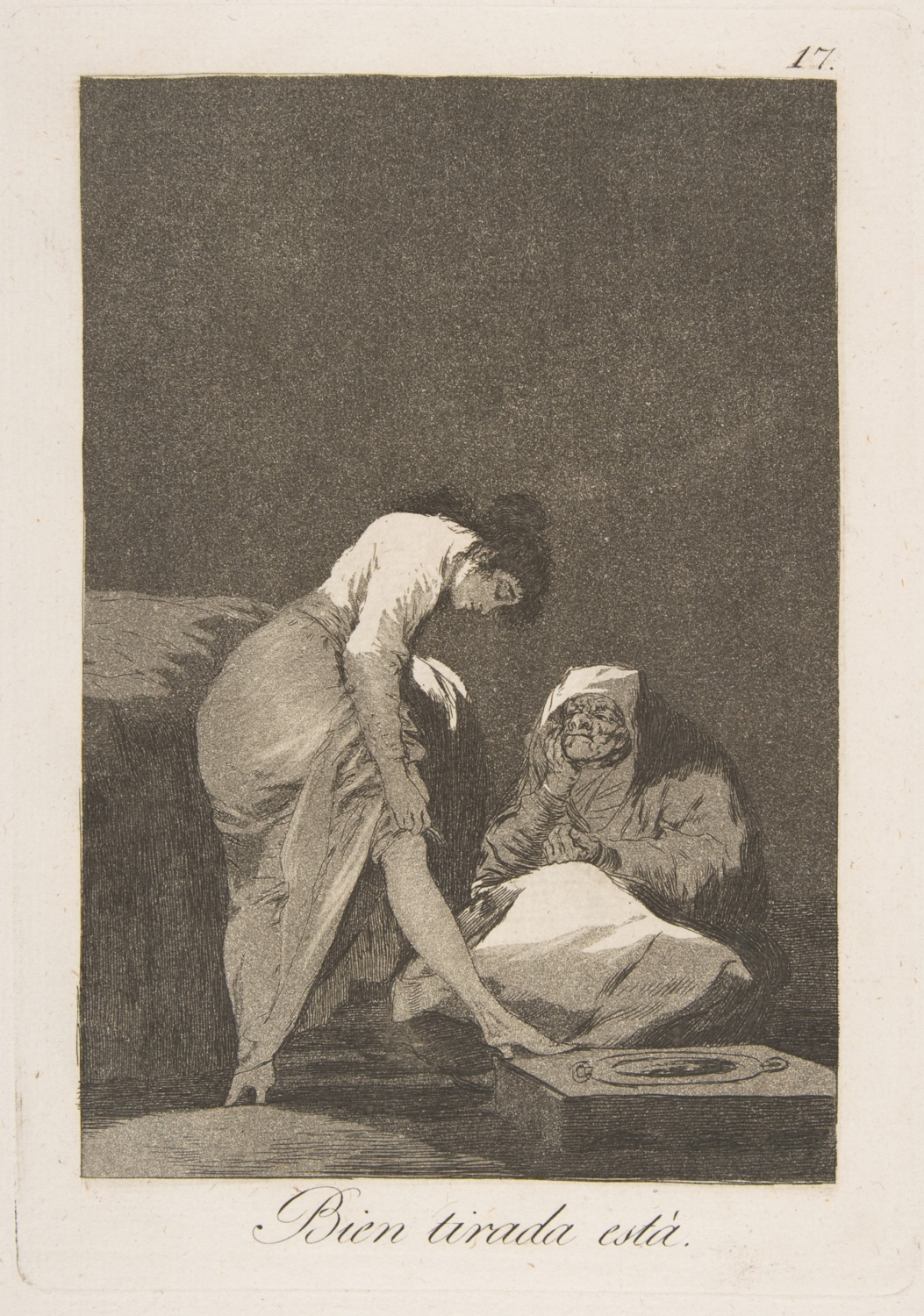 It Is Nicely Stretched by Francisco de Goya, a young woman adjusting her stocking with one foot raised beside an older seated figure