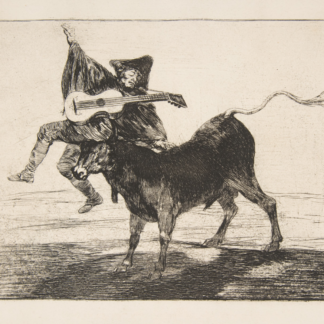 Barbarous Entertainment by Francisco de Goya, a guitarist balanced above the horns of a bull