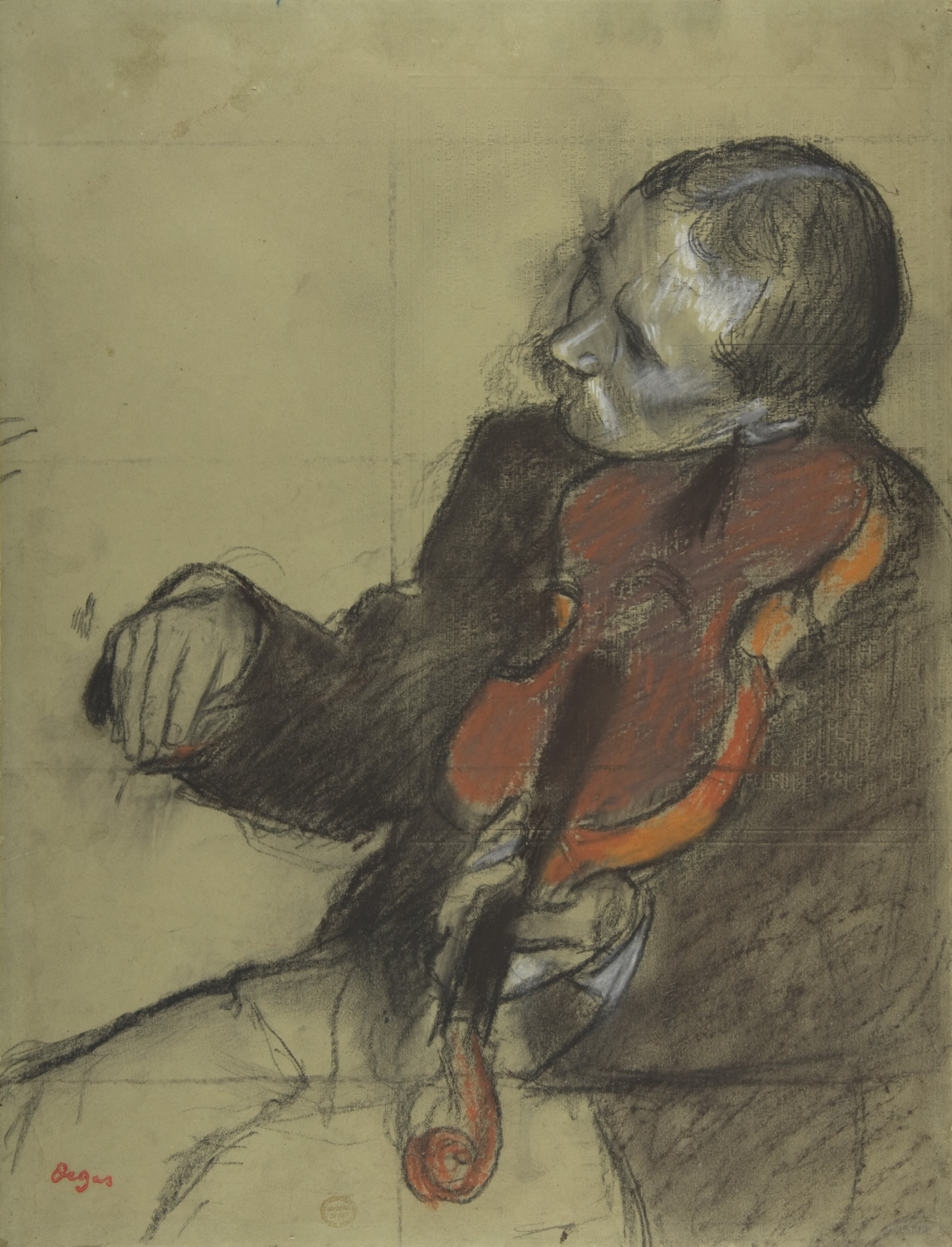 Violinist by Edgar Degas, a violinist against a muted green ground