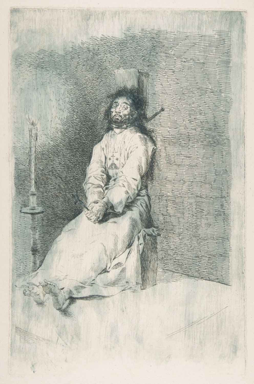 Garroted Man by Francisco de Goya, a bound seated man beside a small light