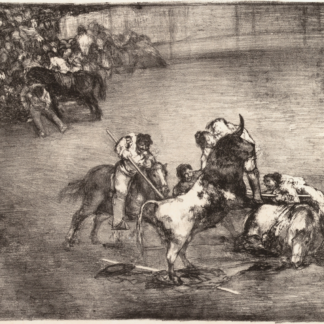 A Picador Caught by a Bull by Francisco Goya, with figures surrounding the bull in an arena
