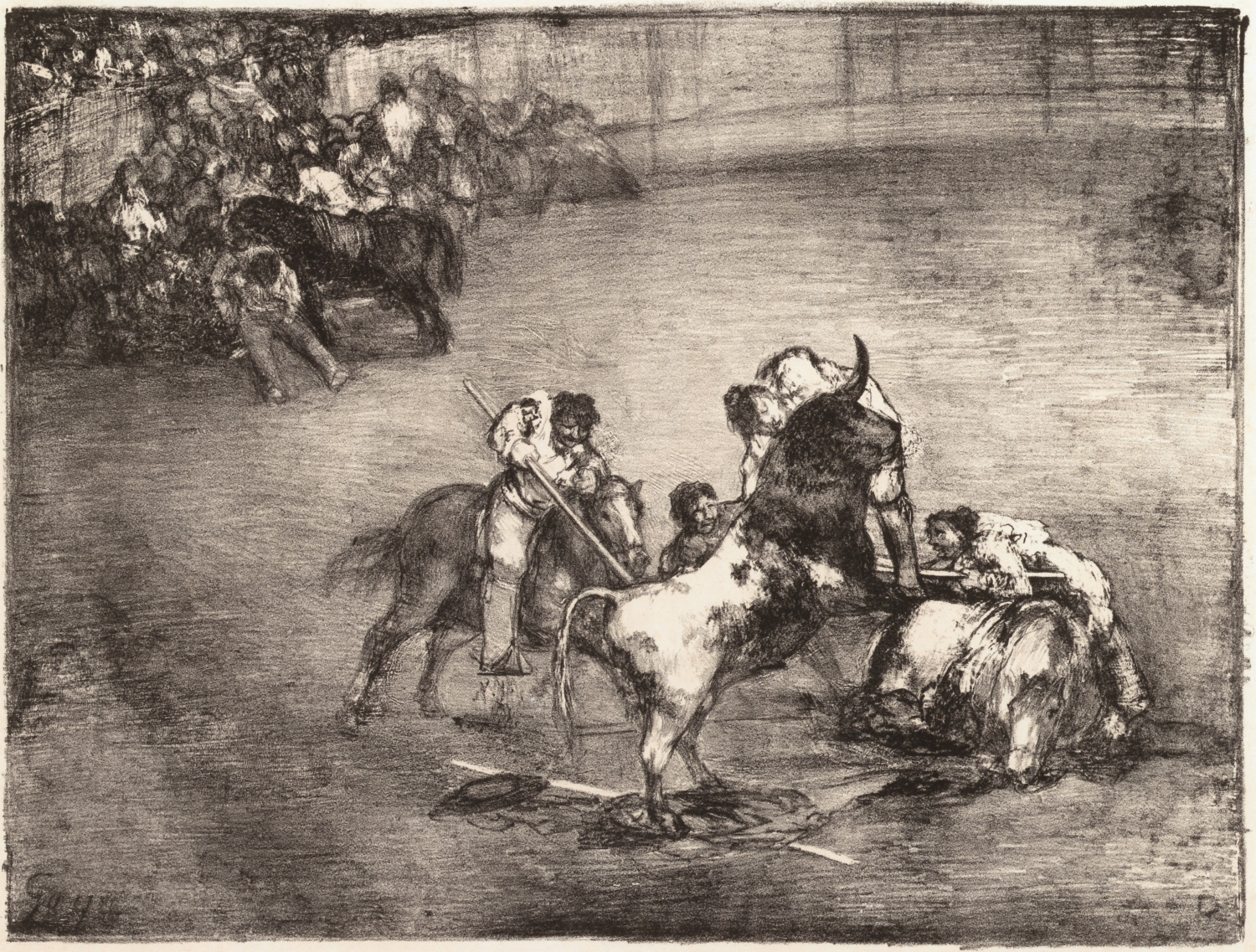 A Picador Caught by a Bull by Francisco Goya, with figures surrounding the bull in an arena