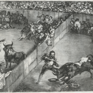 Bullfight in a Divided Ring by Francisco Goya, with bulls and fighters on both sides of a diagonal barrier