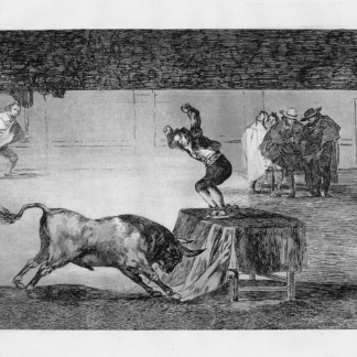 The Bullfight by Francisco de Goya, an acrobat on a table facing a charging bull