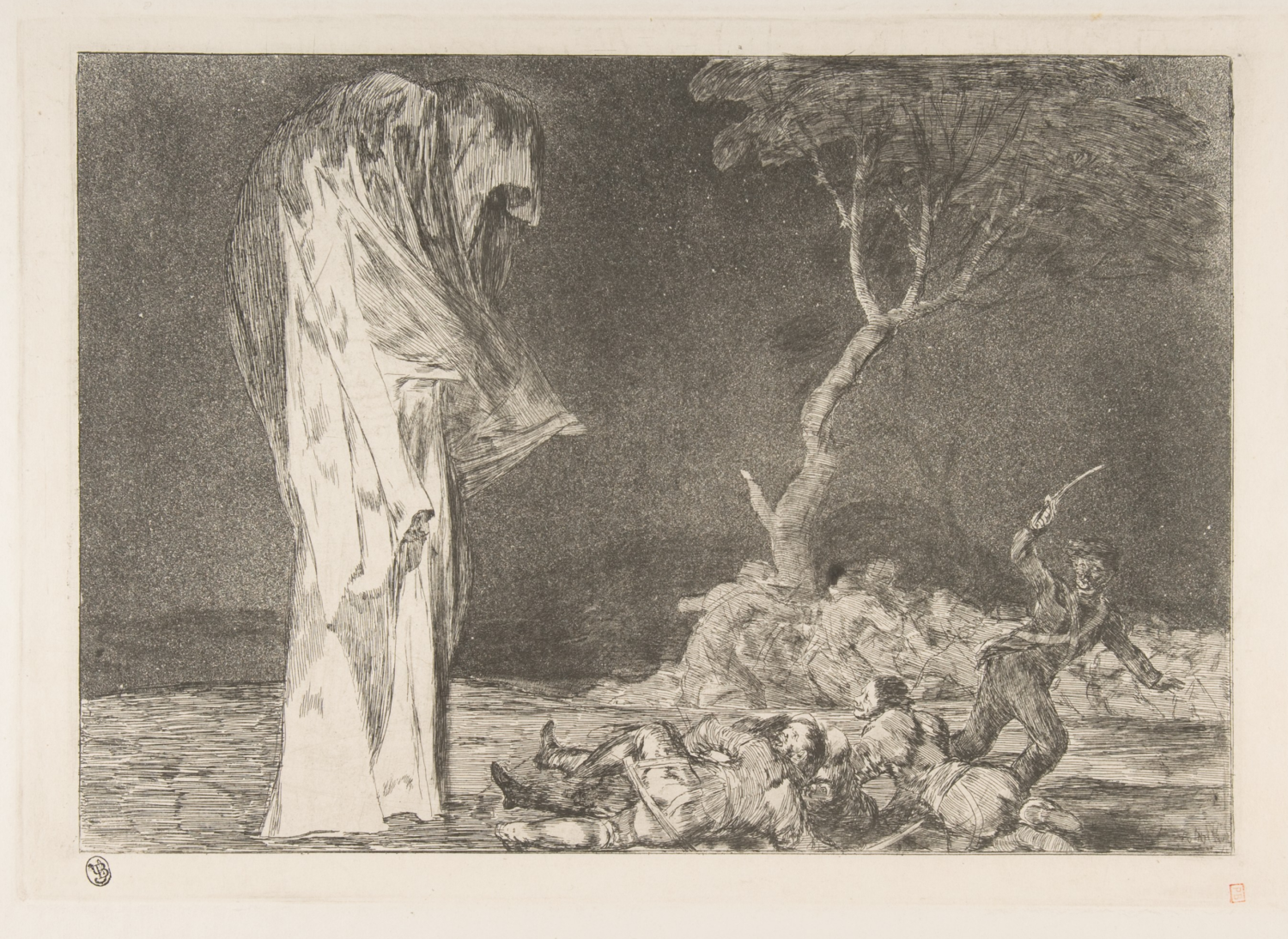 Folly of Fear by Francisco de Goya, figures recoiling from a towering shrouded form