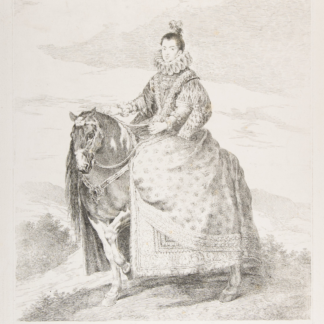 Margaret of Austria on Horseback by Francisco de Goya, after Velázquez, a richly dressed royal rider on horseback