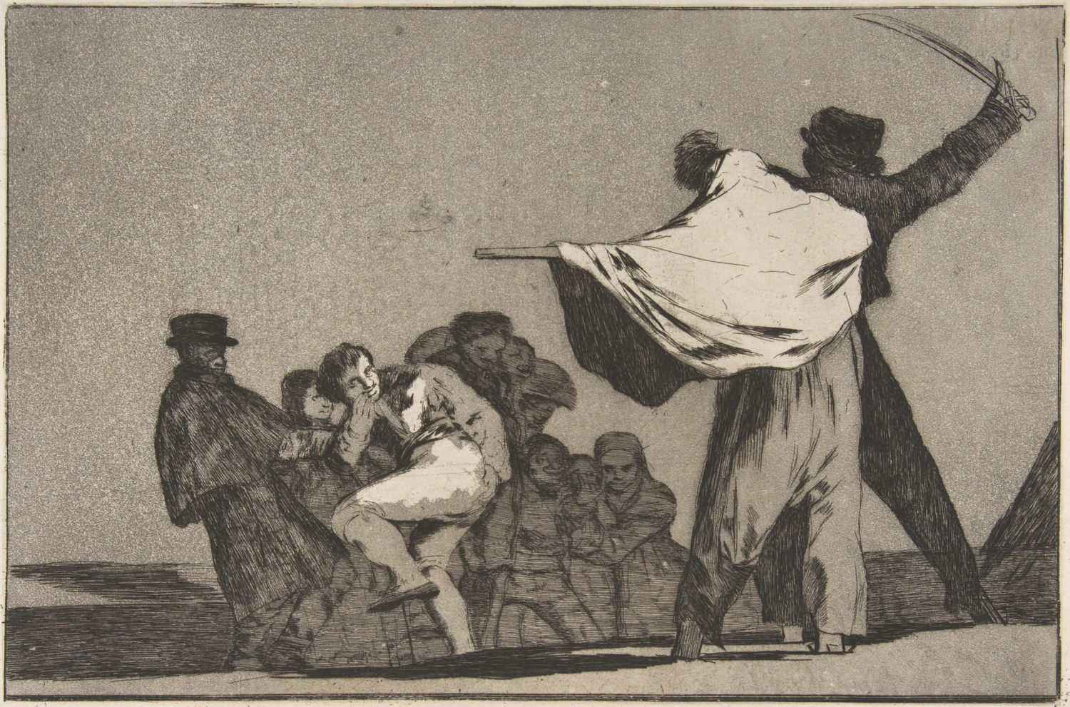 Well-Known Folly by Francisco Goya, with a sword-bearing figure facing a huddled group
