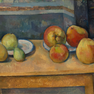 Red apples and green pears rest on plates and a wooden table against a blue-gray wall.
