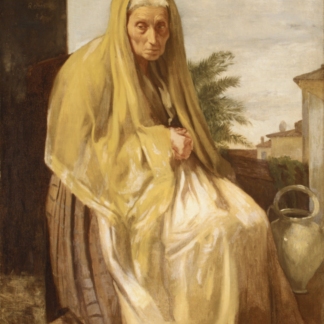 An older woman in a yellow shawl sits with clasped hands beside a jug, with rooftops beyond.