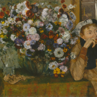 A seated woman rests her hand near her mouth beside a large bouquet of white, pink, and red flowers.