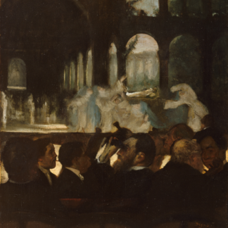 Pale dancers perform beneath dark arches above a crowded foreground of seated men.