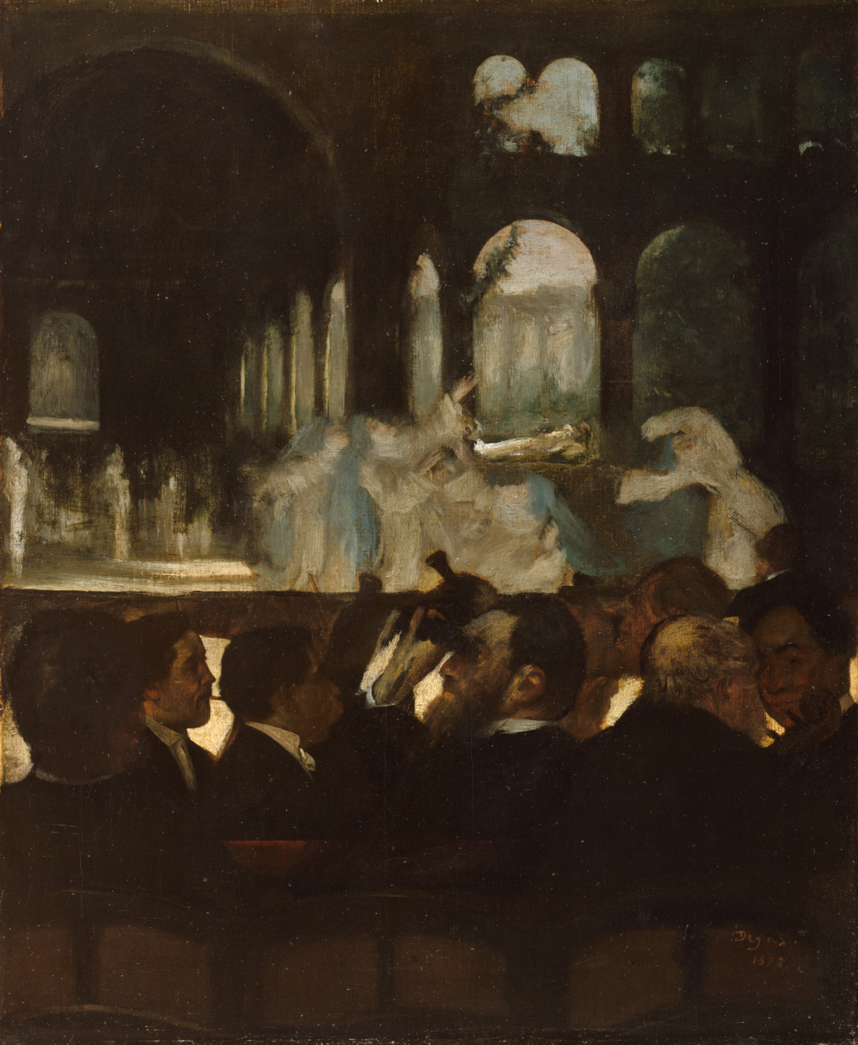 Pale dancers perform beneath dark arches above a crowded foreground of seated men.