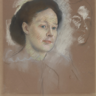 A woman's dark-haired head is modeled with pale colored strokes beside a lightly sketched second face.