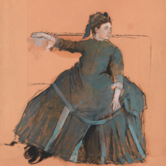 A woman in a dark dress with blue ribbons rests one arm along a sofa against a peach-colored ground.