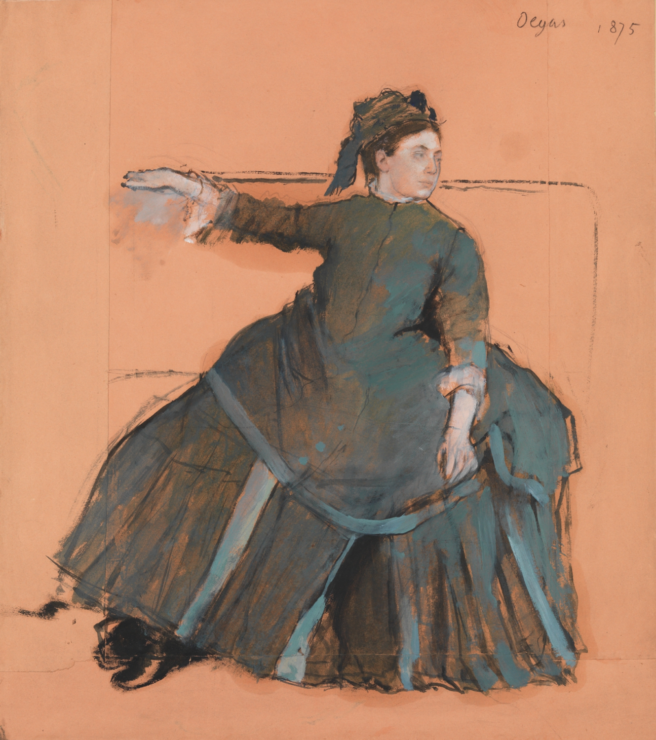 A woman in a dark dress with blue ribbons rests one arm along a sofa against a peach-colored ground.
