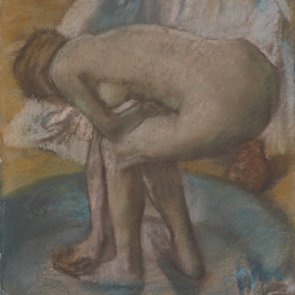 A woman bends over a cloth in a shallow blue-gray tub, surrounded by softly colored drapery.