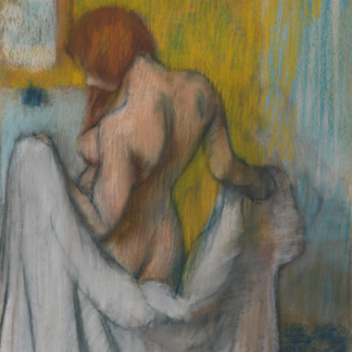 A red-haired woman seen from behind holds a white towel against a yellow and blue interior.