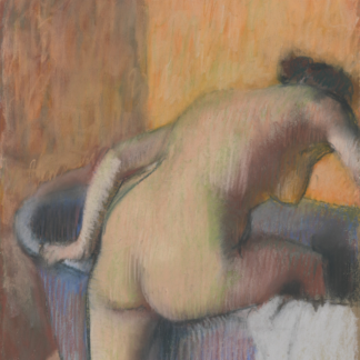 A woman seen from behind leans forward into a blue tub against an orange background.