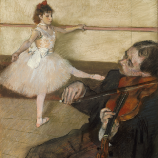 A dancer practices at a barre behind a seated violinist whose instrument fills the foreground.