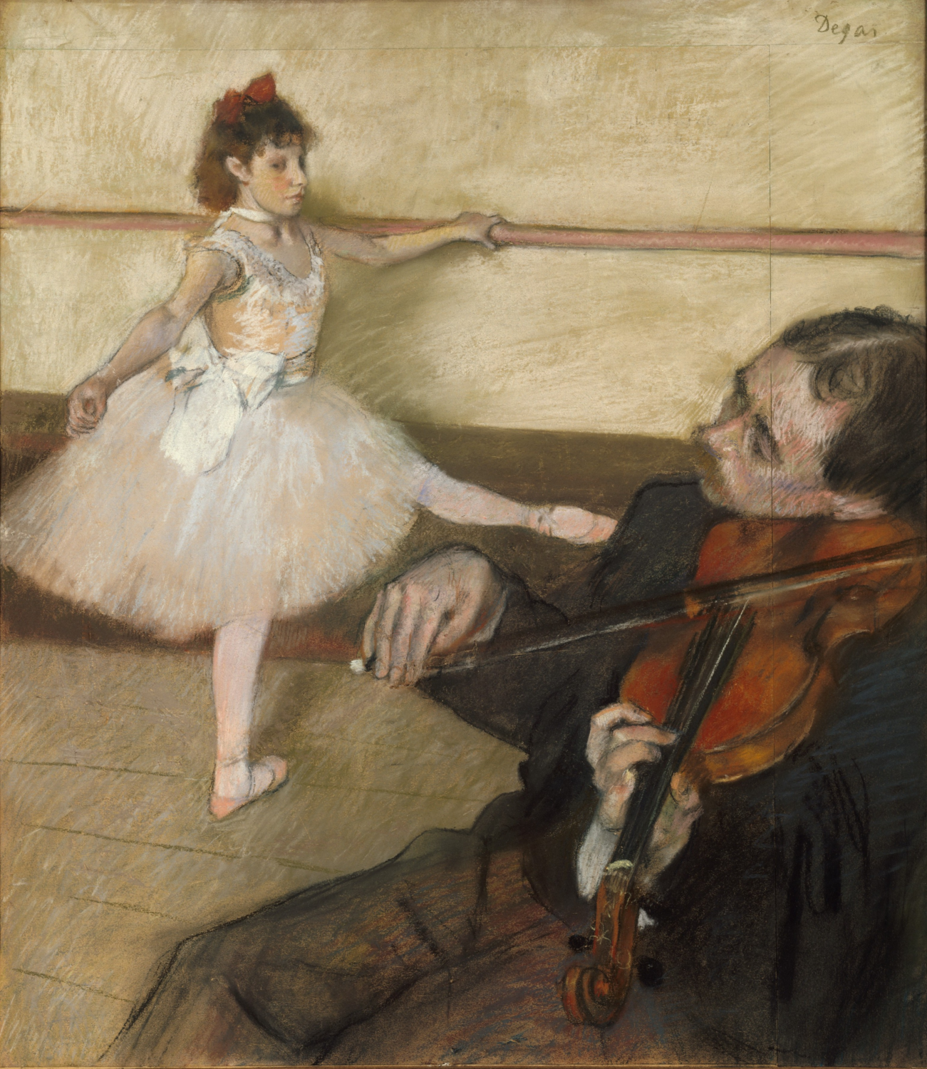 A dancer practices at a barre behind a seated violinist whose instrument fills the foreground.