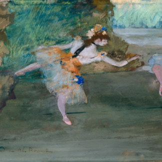 A dancer in a pale costume with orange and blue accents leans forward on a green-gray stage.