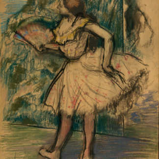 A dancer in a pale dress holds a colorful open fan against a loosely drawn blue-green background.