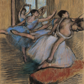Several dancers in blue and white costumes stretch and adjust their poses around a red upholstered bench.