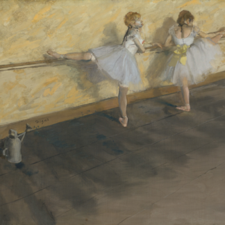 Two dancers in pale costumes stretch at a barre above a broad wooden floor, with a watering can at left.
