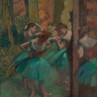 Dancers in green skirts and pink-accented bodices gather among richly colored curtains and stage partitions.