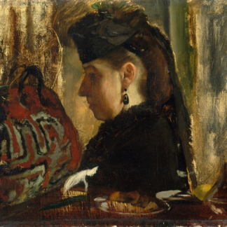 Marie Dihau by Edgar Degas, a woman in a dark hat seated beside patterned upholstery and a table.