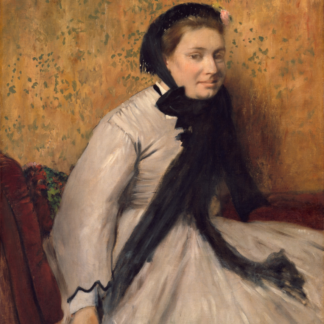 Portrait of a Woman in Gray by Edgar Degas, a seated woman in a gray dress, black scarf, and bonnet.