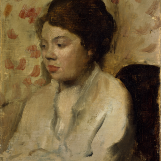 Portrait of a Young Woman by Edgar Degas, a dark-haired woman in pale clothing against a patterned wall.