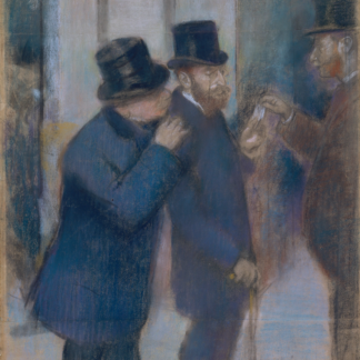 Portraits at the Stock Exchange by Edgar Degas, men in dark coats and top hats gathered in conversation.