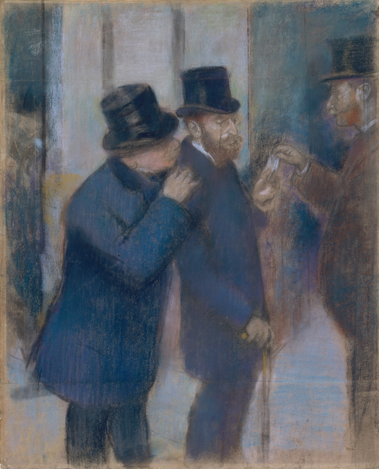 Portraits at the Stock Exchange by Edgar Degas, men in dark coats and top hats gathered in conversation.