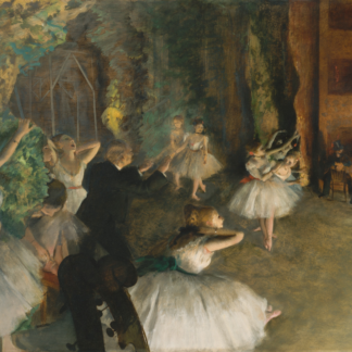 The Rehearsal of the Ballet Onstage by Edgar Degas, dancers in pale skirts rehearsing near a musician.