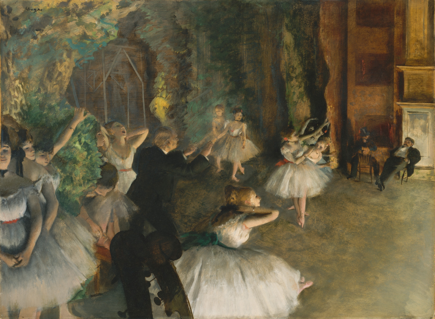 The Rehearsal of the Ballet Onstage by Edgar Degas, dancers in pale skirts rehearsing near a musician.