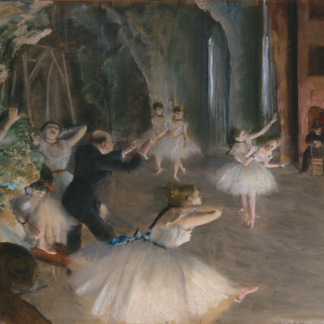 The Rehearsal Onstage by Edgar Degas, ballet dancers and a musician on a stage with two seated observers.