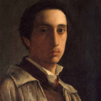Self-Portrait by Edgar Degas, a young man in a gray coat and white collar against a dark background.