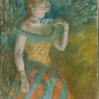 The Singer in Green by Edgar Degas, a singer in a turquoise and orange dress with her face lifted.