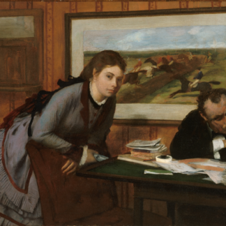 Sulking by Edgar Degas, a woman leaning beside a seated man at a paper-covered desk.