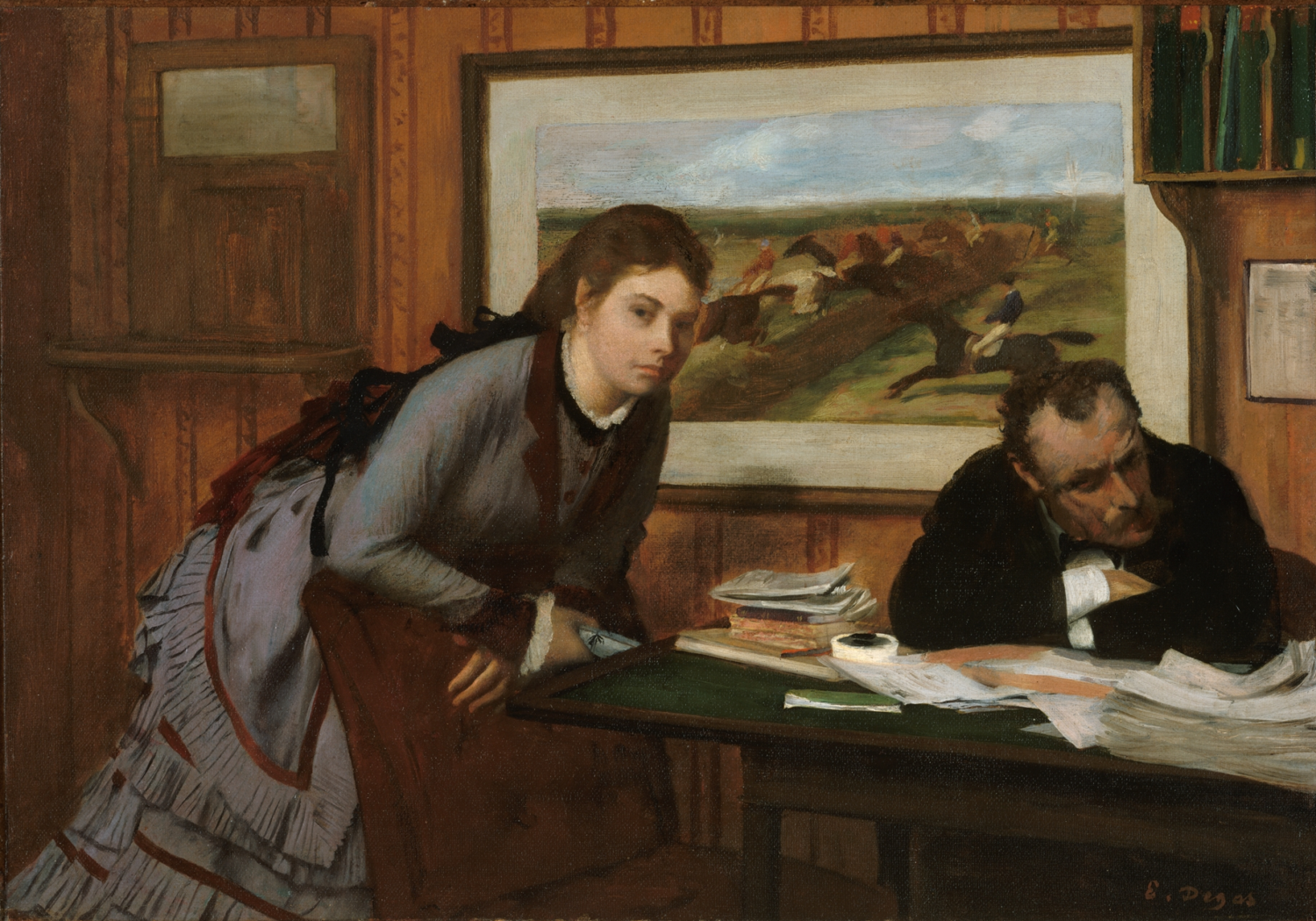 Sulking by Edgar Degas, a woman leaning beside a seated man at a paper-covered desk.