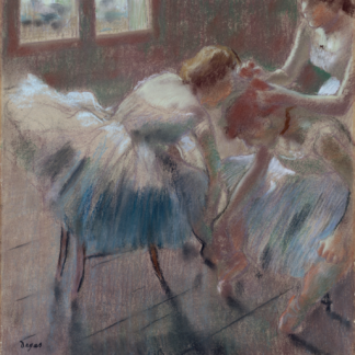 Three Dancers Preparing for Class by Edgar Degas, dancers in pale skirts bending and adjusting their clothing near a window.