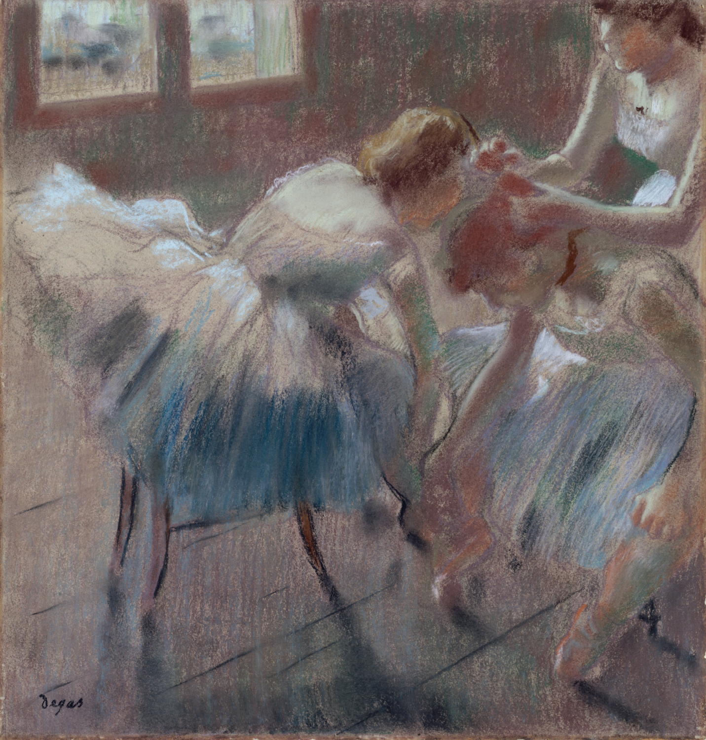 Three Dancers Preparing for Class by Edgar Degas, dancers in pale skirts bending and adjusting their clothing near a window.