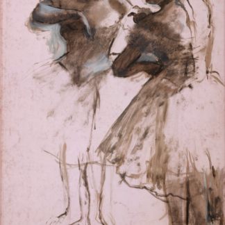 Two Dancers by Edgar Degas, two standing ballet dancers sketched in dark strokes on a pale pink ground.