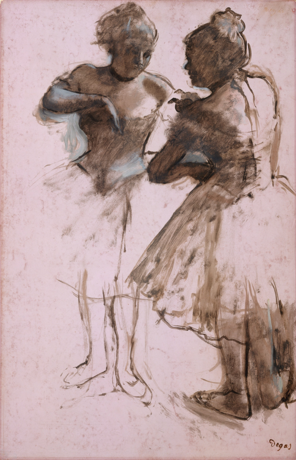Two Dancers by Edgar Degas, two standing ballet dancers sketched in dark strokes on a pale pink ground.